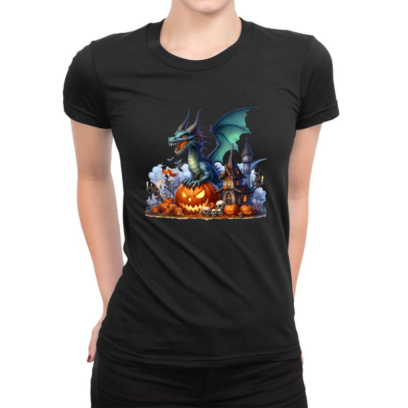 The Haunted Dragon's Ghostly Flight Ladies Fitted T-Shirt by risedesignid | Artistshot