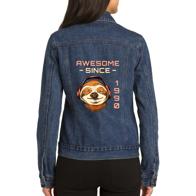 Sloth W Headphones I Awesome Since 1990   32th Birthday Ladies Denim Jacket by ThienThuong | Artistshot