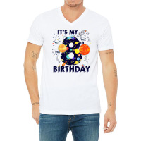 Kids Outer Space 8 Year Old 8th Birthday Party Boys Girls T Shirt V-neck Tee | Artistshot