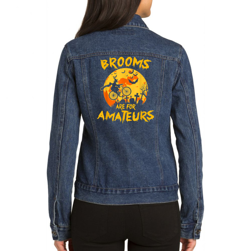 Brooms Are For Amateurs Funny Halloween Witch Riding Bicycle Ladies Denim Jacket by CUSER3772 | Artistshot