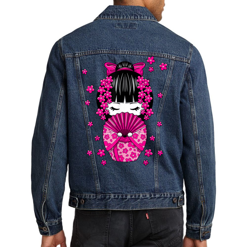 Kawaii Kokeshi Doll With Japanese Cherry Blossom Flowers T Shirt Men Denim Jacket | Artistshot