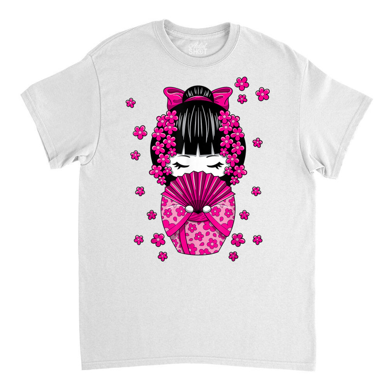 Kawaii Kokeshi Doll With Japanese Cherry Blossom Flowers T Shirt Classic T-shirt | Artistshot