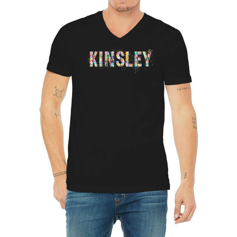 First Name Kinsley Flowery Girl Custom Flowers Birthday T Shirt V-neck Tee | Artistshot