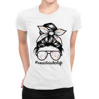 Music Teacher Messy Bun Life Hair Glasses Musical Notes T Shirt Ladies Fitted T-shirt | Artistshot