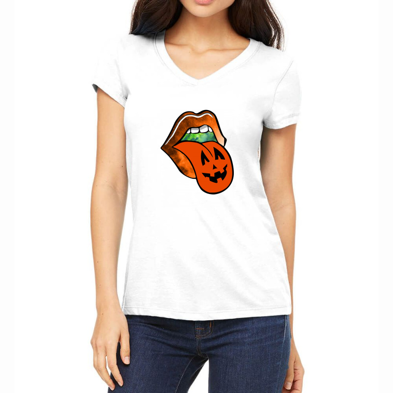 Lips With Tongue Out Pumkin Halloween Women's V-neck T-shirt | Artistshot