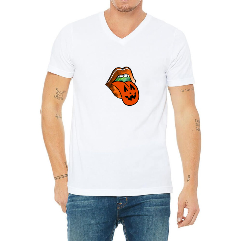 Lips With Tongue Out Pumkin Halloween V-neck Tee | Artistshot