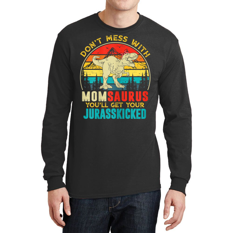 Womens Fun Women Retro Momsaurus Dinosaur T Rex Mothers Day T Shirt Long Sleeve Shirts | Artistshot