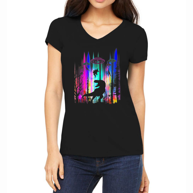 Alien Ufo T-rex Abduction Colorful Forest Women's V-Neck T-Shirt by Qudkin | Artistshot