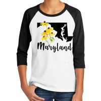 Womens Maryland Floral Black Eyed Susan Handwritten State Inspired Tan Youth 3/4 Sleeve | Artistshot