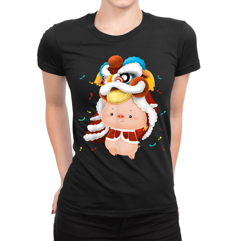 Dragon Dance Pig New Year Gift T Shirt Cute Fortune Shirt Ladies Fitted T-Shirt by KretschmerBridge | Artistshot