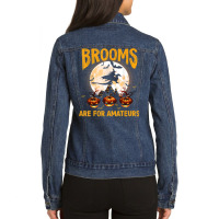 Funny Brooms Are For Amateurs Witch Riding Dragon Halloween T Shirt Ladies Denim Jacket | Artistshot