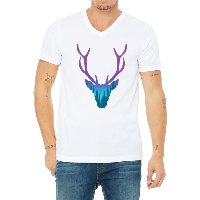 Deer With Night Forest Silhouette V-neck Tee | Artistshot