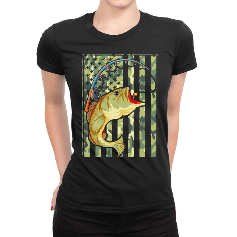 Fishing T  Shirt American Hobby Angling Fish Camouflage U S Flag Fishe Ladies Fitted T-Shirt by possessseagull | Artistshot