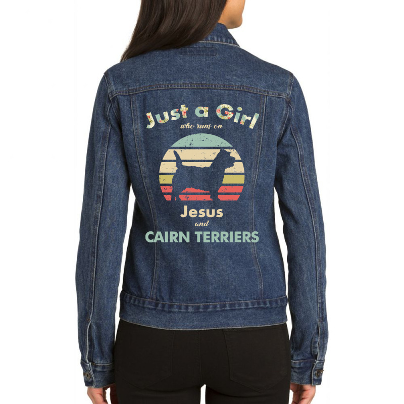 Dog Just A Girl Who Runs On Jesus And Cairn Terriers Puppy Pet Ladies Denim Jacket by Jeanette | Artistshot