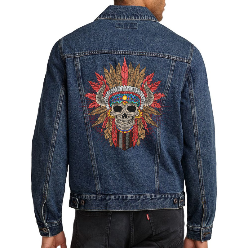 Custom Native American Skull Men Denim Jacket By Samkal - Artistshot