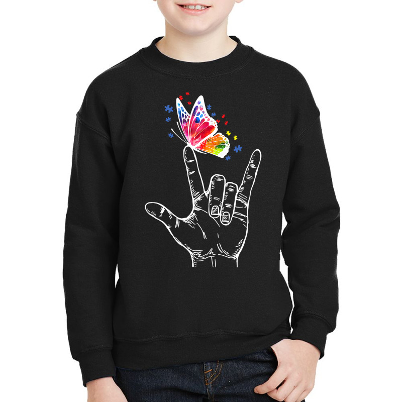 I Love You Hand Sign Language Butterfly Autism Awareness T Shirt Youth Sweatshirt by longduong89 | Artistshot