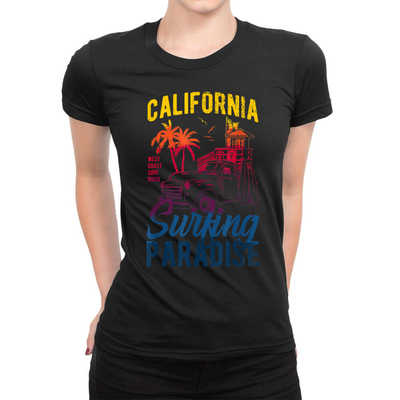 Retro ‘50s California Surfing Paradise Surfboarder Style Sum T Shirt Ladies Fitted T-Shirt by abrellkfhanog8 | Artistshot