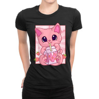 Strawberry Milkshake Maneki Neko For Women Girls, Kawaii Cat T Shirt Ladies Fitted T-shirt | Artistshot