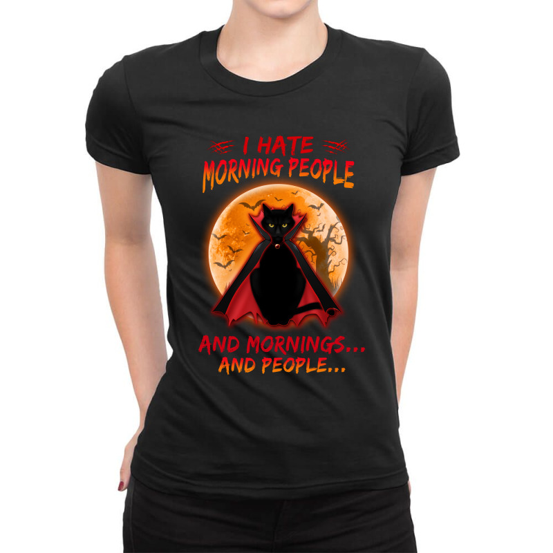 Cat I Hate Morning People Moon Black Cat Ladies Fitted T-Shirt by circularflap | Artistshot