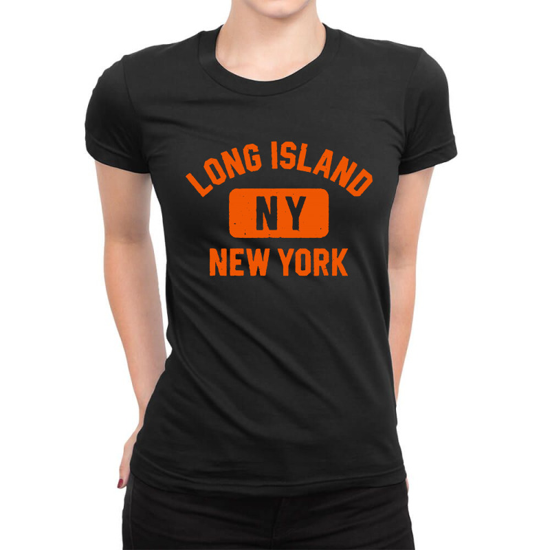 Long Island Ny Gym Style Distressed Amber Print Ladies Fitted T-Shirt by mirazjason | Artistshot