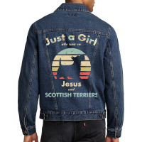 Dog Just A Girl Who Runs On Jesus And Scottish Terrier Puppy Pet Paw Men Denim Jacket | Artistshot