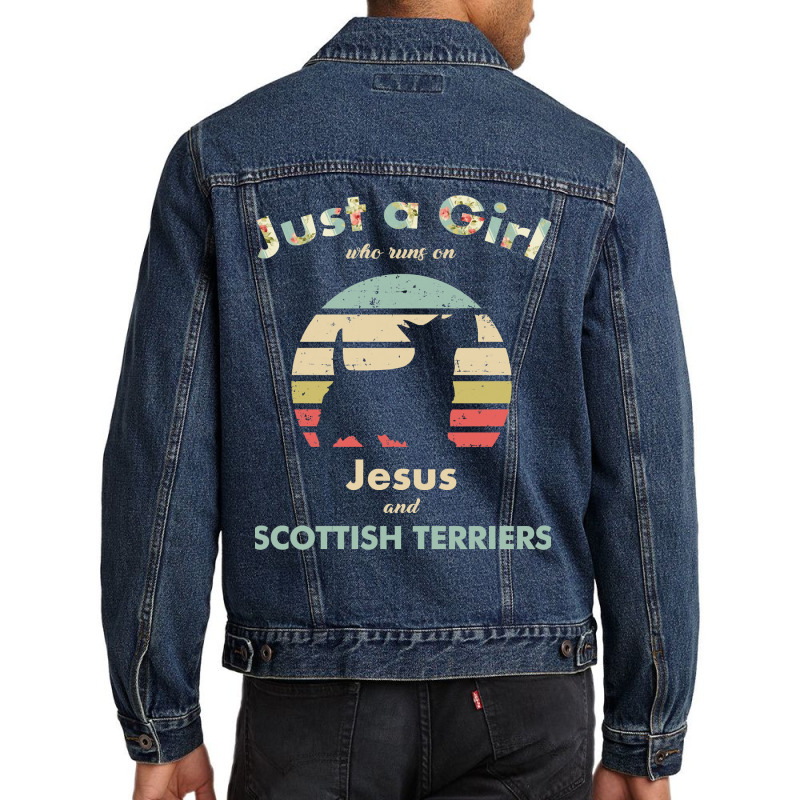 Dog Just A Girl Who Runs On Jesus And Scottish Terrier Puppy Pet Paw Men Denim Jacket by circularflap | Artistshot