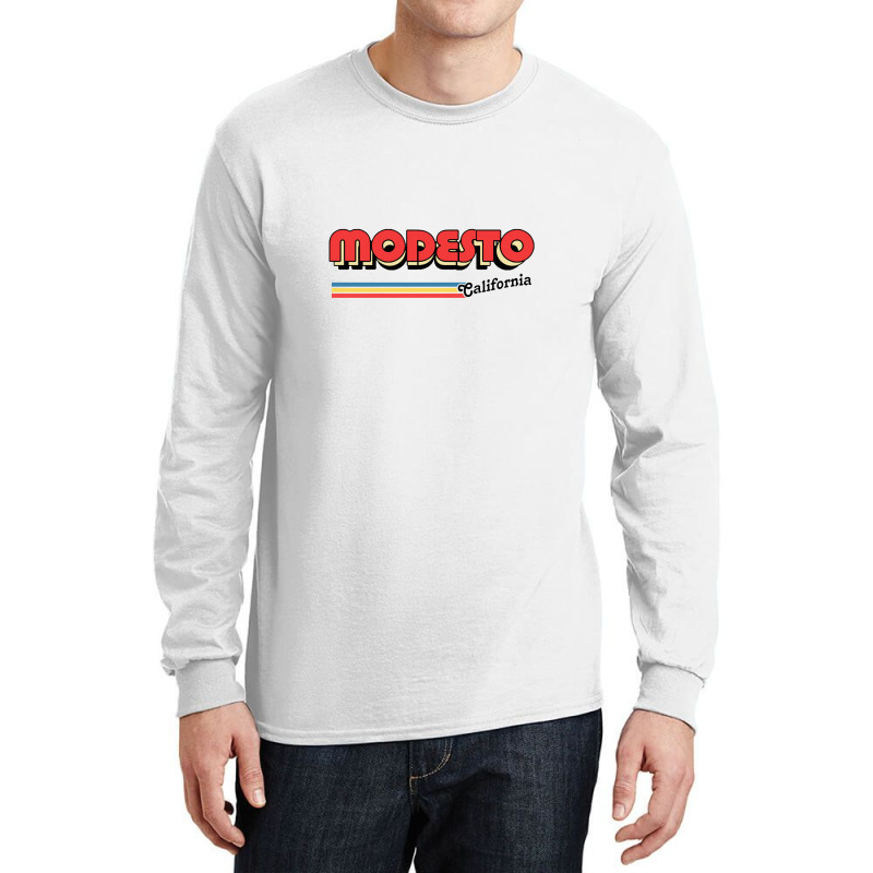 Modesto, Ca Retro Typography Design Long Sleeve Shirts | Artistshot