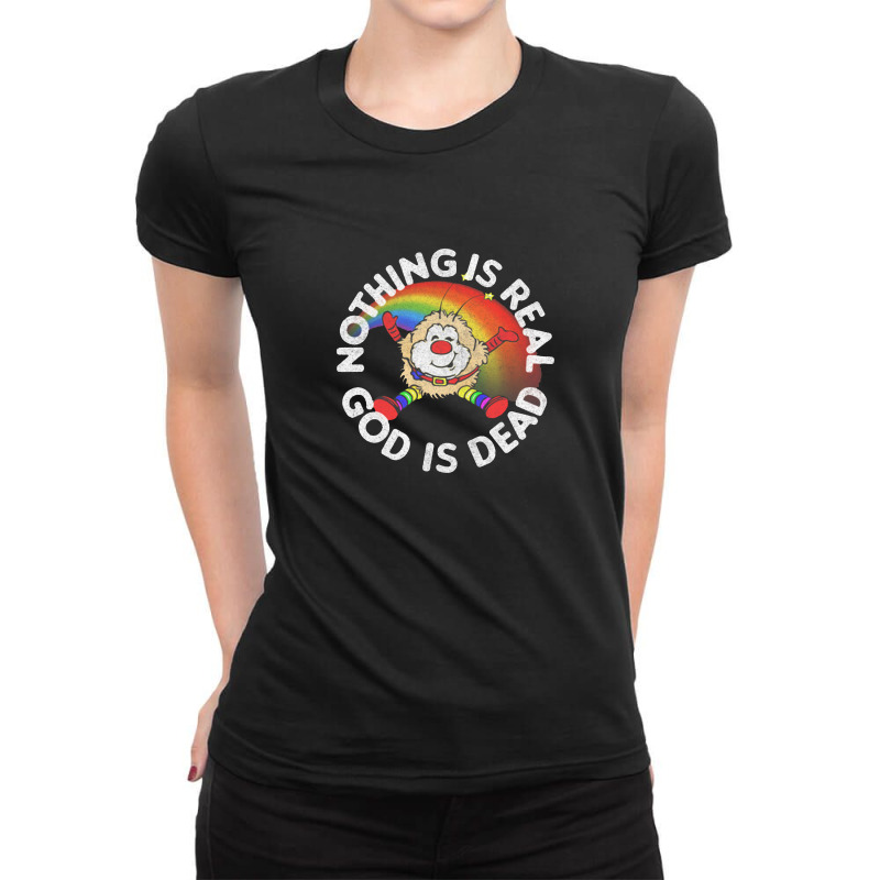 Nothing Is Real God Is Dead  Faded 80s Nihilist Rainbow Design Ladies Fitted T-Shirt by qulonuhun | Artistshot