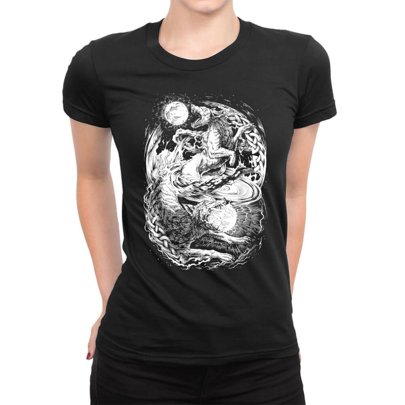 Viking Wolf Norse Mythology Design With Pagan Sun & Moon T Shirt Ladies Fitted T-Shirt by jayannidifalco | Artistshot