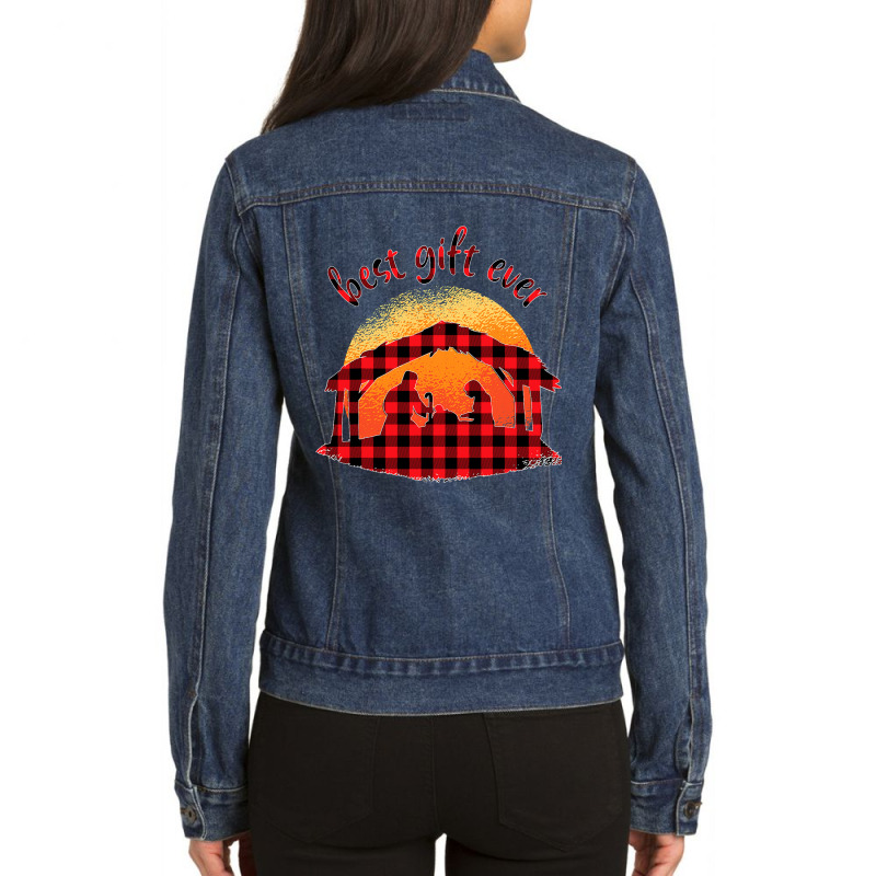 Jesus Christ Christian Buffalo Plaid True Story Of Jesus Birth Nativit Ladies Denim Jacket by circularflap | Artistshot