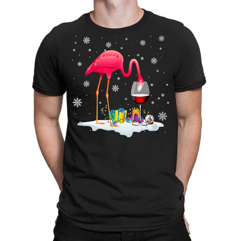 Flamingo Tropical Funny Pink Flamingo Drink Wine On Christmas Xmas 497 T-Shirt by circularflap | Artistshot