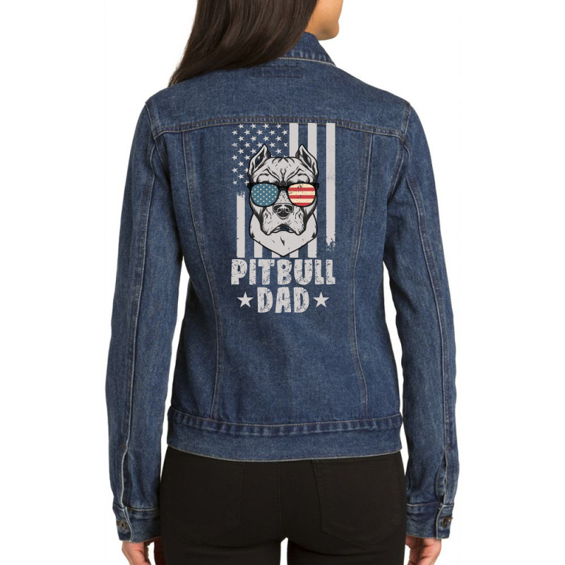 Mens Pitbull Dad American Usa Flag | Pitbull Dog Lovers Ladies Denim Jacket by John Phillips | Artistshot