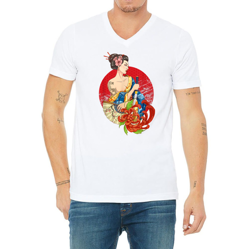 Geisha Girl Katana Sword And Tattoo Of Dragon Japanese T Shirt V-Neck Tee by alayziahollars | Artistshot