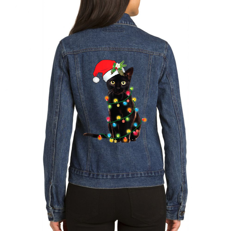 Cat Santa Black Cat Up In Christmas Tree Lights Holiday35 Ladies Denim Jacket by hopelessoon | Artistshot