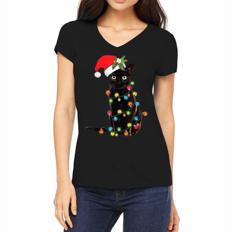 Cat Santa Black Cat Up In Christmas Tree Lights Holiday35 Women's V-Neck T-Shirt by hopelessoon | Artistshot