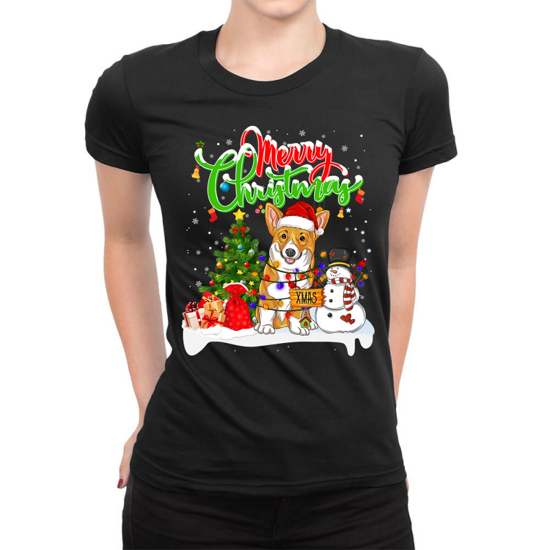 Corgi Dog Xmas Lighting Matching Santa Corgi Wearing Christmas 223 Wel Ladies Fitted T-Shirt by hopelessoon | Artistshot