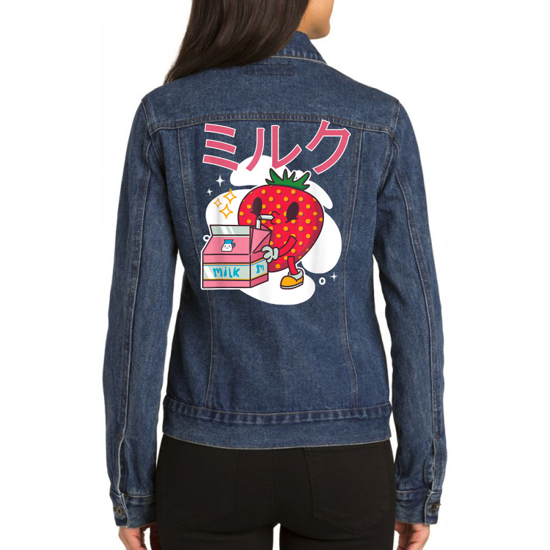 Retro 90's Japanese Kawaii Strawberry Milk Milkshake Carton T Shirt Ladies Denim Jacket by alayziahollars | Artistshot