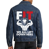 We All Lift Down Here Lazy Halloween Costume Funny Fitness Men Denim Jacket | Artistshot