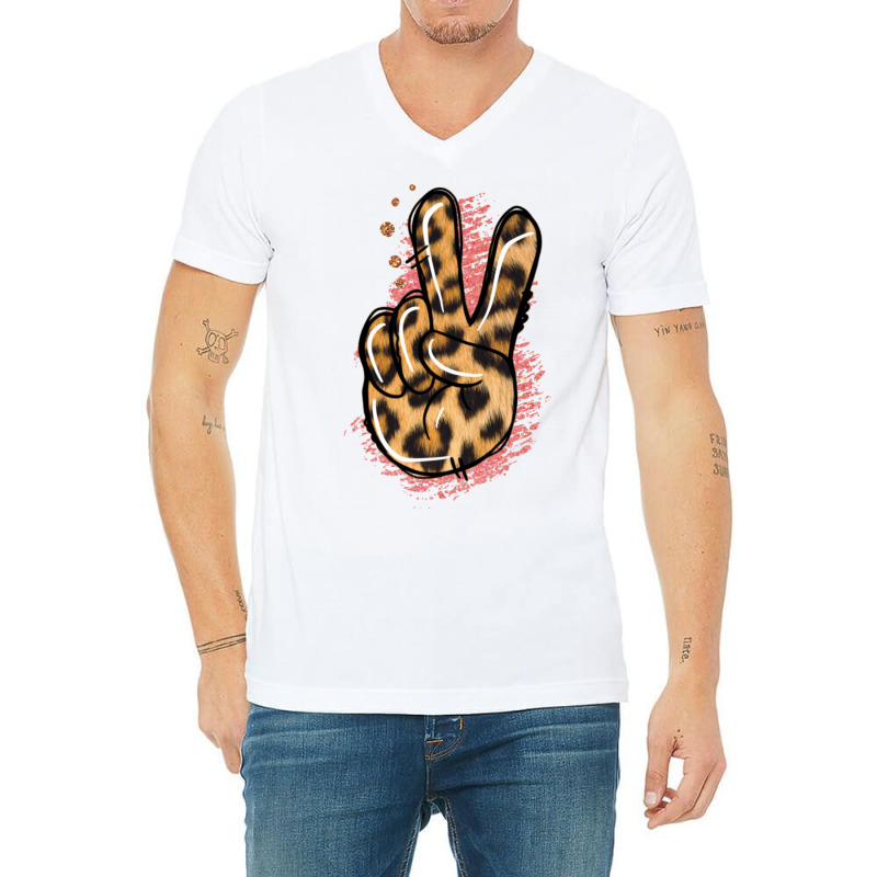 Pink Glitter Leopard Peace Sign V-neck Tee | Artistshot