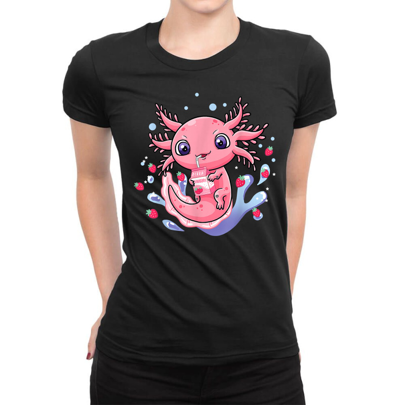 Axolotl Kawaii Axolotl Strawberry Milkshake Cartonss Japanese Anime 17 Ladies Fitted T-Shirt by peafowl | Artistshot