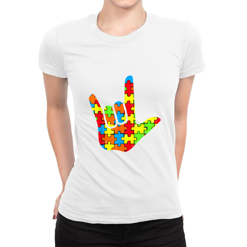 Asl Love Sign Language Autism Gift Awareness Support Ladies Fitted T-Shirt by komporgass | Artistshot