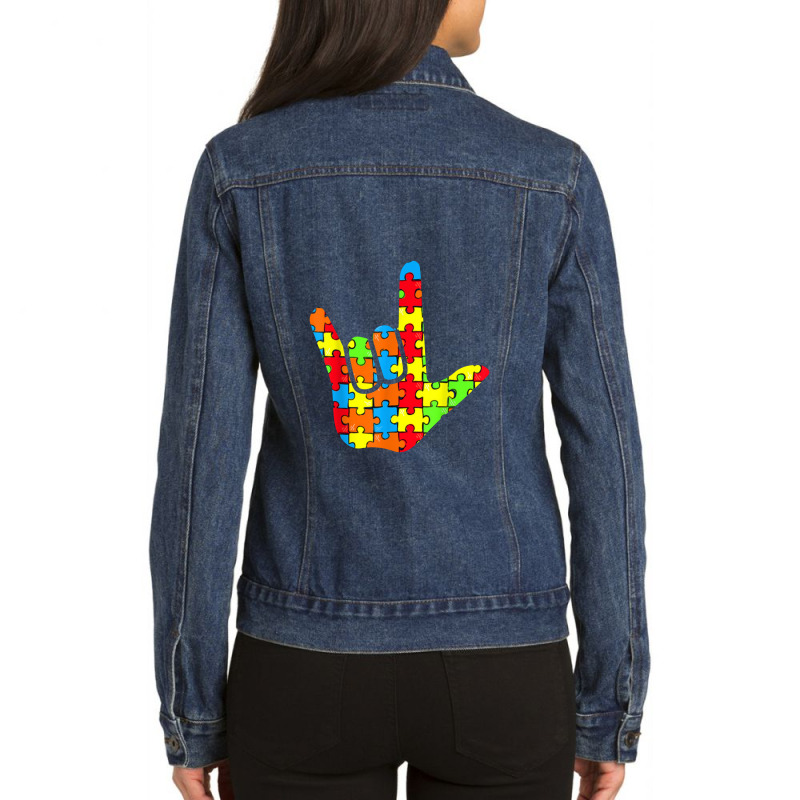 Asl Love Sign Language Autism Gift Awareness Support Ladies Denim Jacket by komporgass | Artistshot