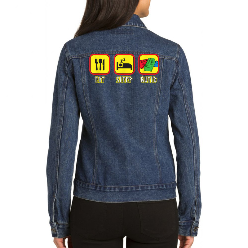 Eat Sleep Build Toy Brick T Shirt Ladies Denim Jacket by tandonwelters | Artistshot