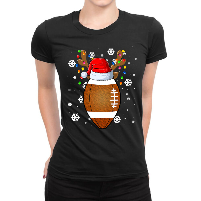 Football Funny Football Ball Santa Hat Reindeer Christmas Lights Boys Ladies Fitted T-Shirt by hopelessoon | Artistshot