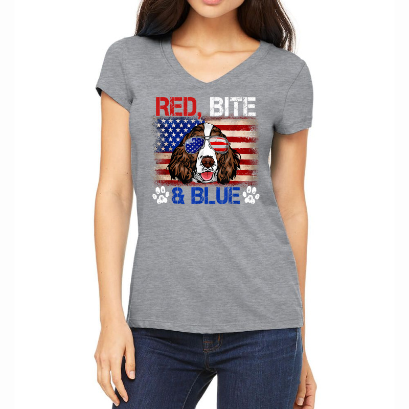 Red Bite Blue Dog 4th Of July English Springer Spaniel T Shirt Women's V-Neck T-Shirt by manviwadlington | Artistshot