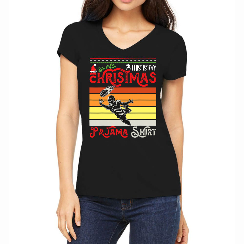 Football Christmas Pajama Merican Football Ball Santa Hat Funny Sport Women's V-Neck T-Shirt by hopelessoon | Artistshot