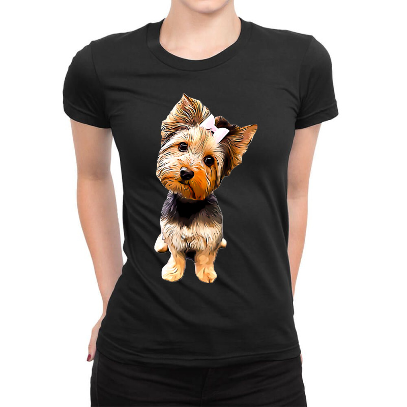 Dog Yorkshire Terrier Cute Yorkie With A Bow Puppy Animal Paw Ladies Fitted T-Shirt by peafowl | Artistshot