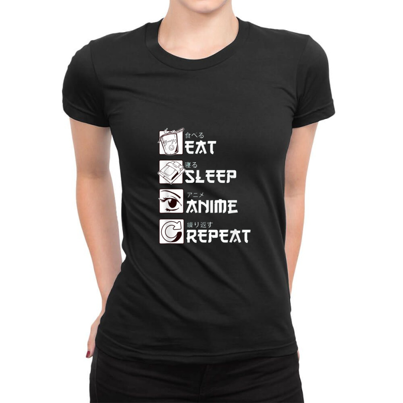 Japanese Letters For Anime Lover Eat Sleep Anime Repeat Ladies Fitted T-Shirt by kerjalembor | Artistshot