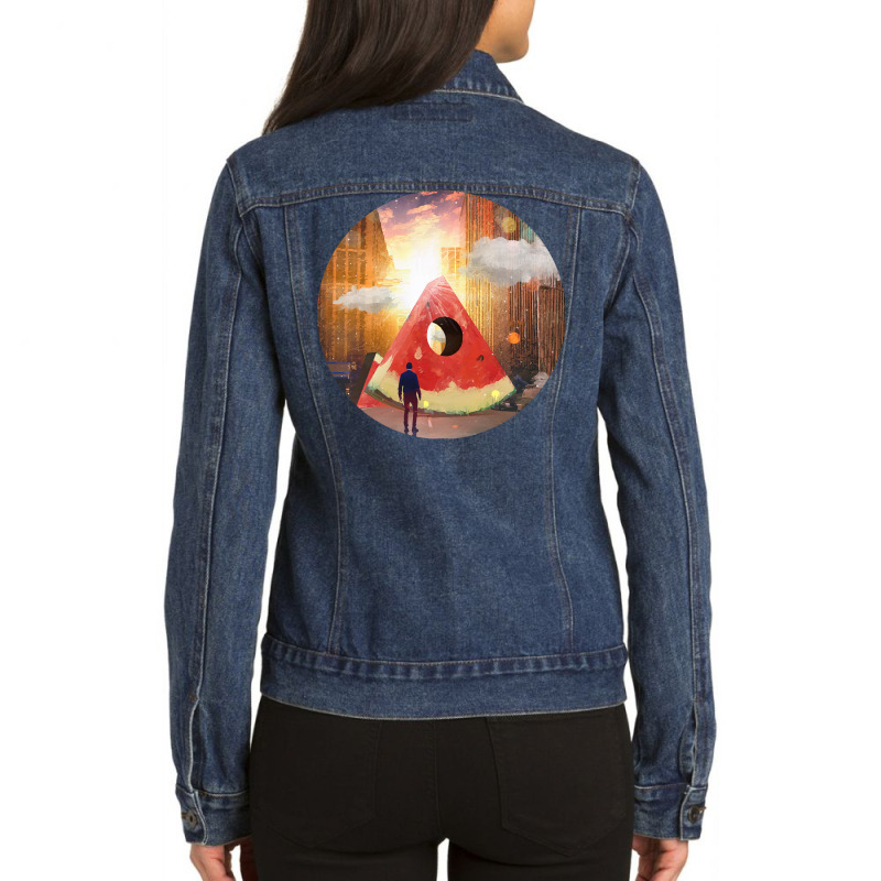 Watermelon T  Shirt Gigantic Watermelon Slice T  Shirt Ladies Denim Jacket by actsetting | Artistshot