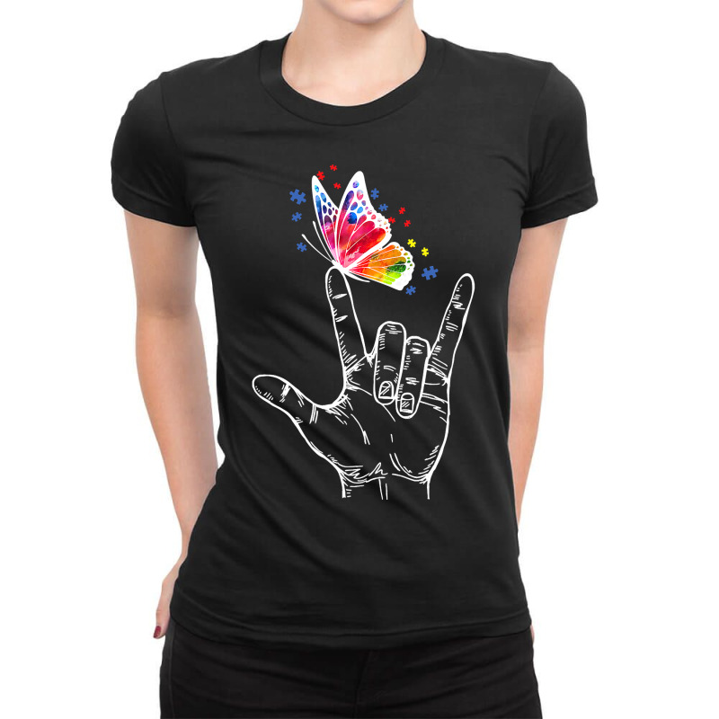 I Love You Hand Sign Language Butterfly Autism Awareness T Shirt Ladies Fitted T-Shirt by HUUY | Artistshot